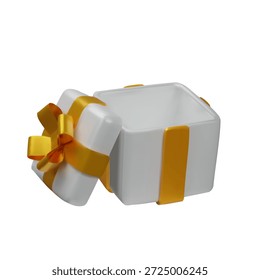 Abra la caja de regalo blanca con la cinta y el arco dorados, aislados en el fondo blanco. Diseño de caja de regalo tridimensional para Navidades, año Nuevo, cumpleaños, promociones, materiales de marketing de temporada.