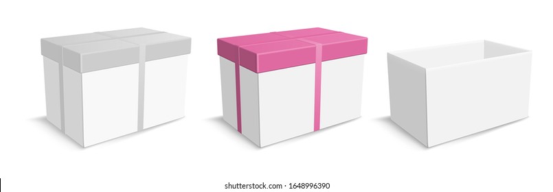 Open white gift box with lid and ribbon