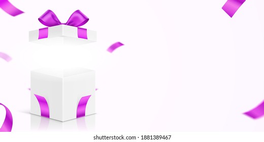 Open white gift box, with a pink ribbon, and bow. Present box with scattered ribbons, and copy space, for an object, product, or text placement. Feminine greeting card vector design.