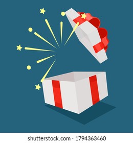 Abre una caja de regalo blanca con una cinta roja. Caja de regalo sorpresa. Una celebración especial. Fiesta de cumpleaños.