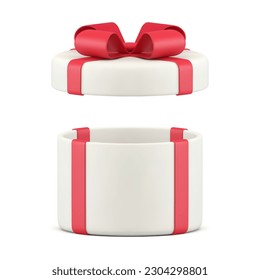 Open white gift box white with red bow ribbon 3d icon realistic vector illustration. Present cylinder pack festive holiday congratulations happy birthday celebration decor design