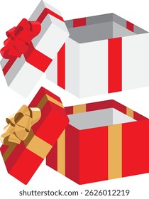 Offene weiße Geschenkbox und rote Geschenkbox mit roten und goldenen Bändern.