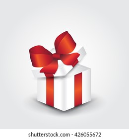 Open white gift box with red ribbon. Vector illustration 