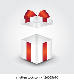Open white gift box with red ribbon. Vector illustration 