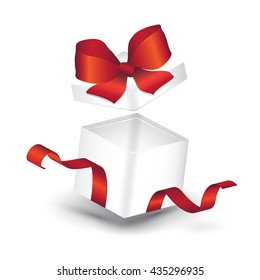 Open white gift box with red ribbon. Vector illustration
