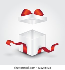 Abrir caja de regalo blanca con cinta roja. Ilustración del vector