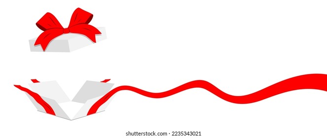 Open white gift box with wavy red ribbon line, isolated on background. Flat style vector banner.