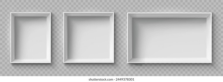 Conjunto de cajas de regalo blancas abiertas, vista superior de caja cuadrada blanca, paquetes vacíos maqueta 3d aislada, maqueta de contenedor, paquete de cartón vacío, caja de papel realista, tapa abierta - Vector