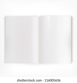 Open white glossy catalog double-page spread with clean blank pages.