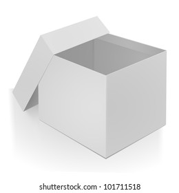 Open white, gray gift box with cover. The carton box