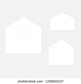 Open white paper envelope with gummed seal, V flap design. DL, C4, C5 size. Vector mockup set.