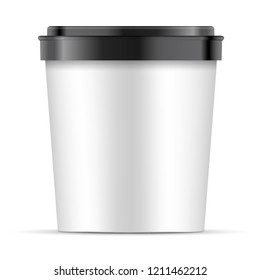 Open White Paper Or Plastic Cup With Black Lid For Dessert, Yogurt, Ice Cream, Sour Cream Or Snack. Tub Food Container Illustration Isolated On White Background. Mock Up Template Ready For Your Design