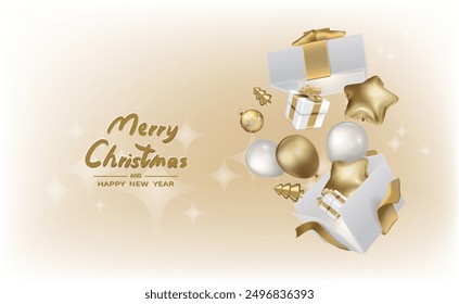 Caja sorpresa blanca abierta con globos, regalos y adornos de Navidades en el interior, Navidades alegres