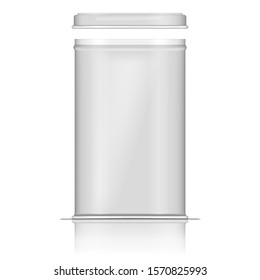 Open white tin box, realistic vector mockup. Square metal canister for tea, coffee, sugar and other food product storage, template.