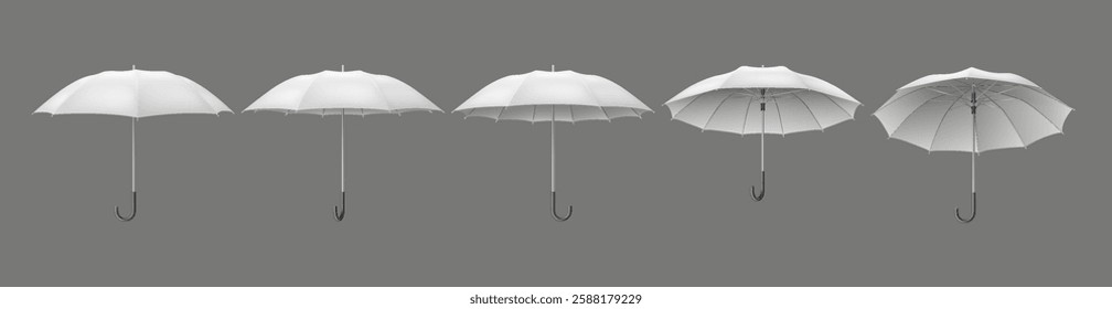 Open white umbrella-canes with handles realistic color icons set. Protection from weather and life issues 3d objects bundle on grey background