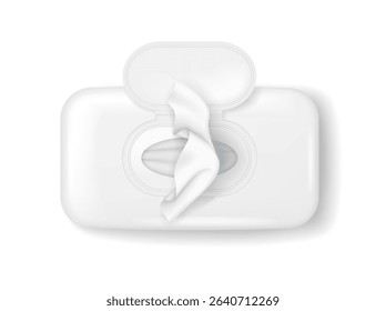 Open white wet wipes package in a realistic style. Seen from top perspective with soft shadows. Essential for personal hygiene and cleaning purposes.