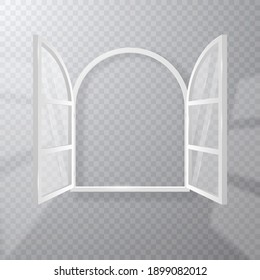 Open white window, frame and clear glass isolated on background. Vector illustration.