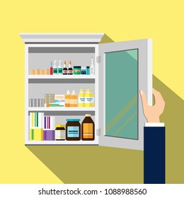 Open The White Wood Medicine Cabinet Yellow Background.Vector Flat Illustration.