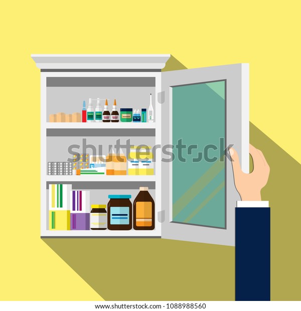 Open the white wood medicine cabinet yellow\
background.Vector flat\
illustration.