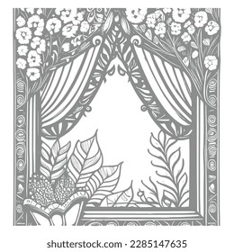The open window adorned with flowers and leaf is a beautiful drawing that brings the vintage-style coloring book to life.