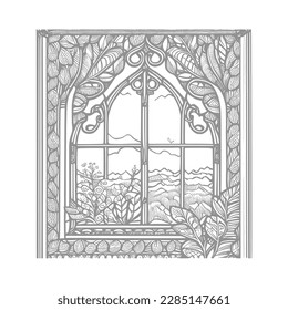 The open window adorned with flowers and leaf is a beautiful drawing that brings the vintage-style coloring book to life.