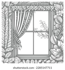 The open window adorned with flowers and leaf is a beautiful drawing that brings the vintage-style coloring book to life.