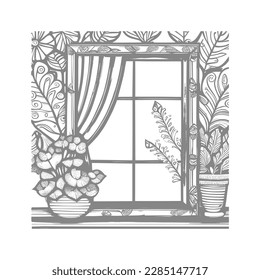 The open window adorned with flowers and leaf is a beautiful drawing that brings the vintage-style coloring book to life.