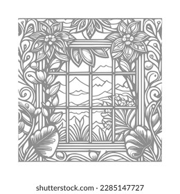 The open window adorned with flowers and leaf is a beautiful drawing that brings the vintage-style coloring book to life.