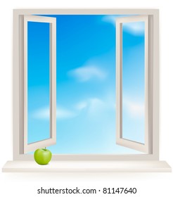 Open window against a white wall and the cloudy sky. Vector