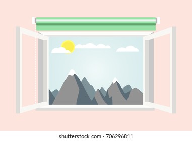 open window with awesome view on mountains