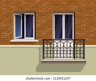 Open window and a balcony on a brick wall realistic flat vector illustration. A slightly open window and metal forged rails.