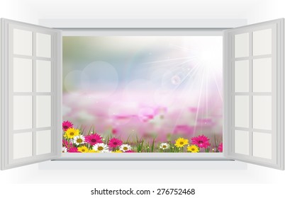 Open window with Beautiful flower is in the rays of light, blured and colored