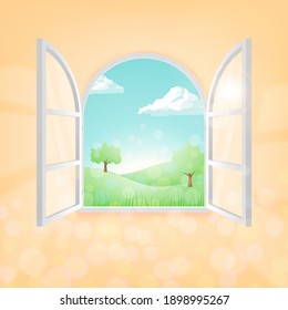An open window with a beautiful landscape in good sunny weather in spring or summer. Vector illustration.