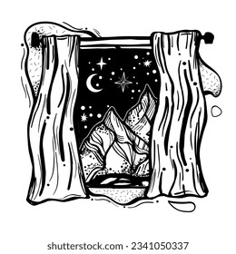 Offenes Fenster mit schöner Bergsicht und nächtlichem Himmel. handgezeichnete Vektorgrafik