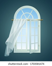 Open window billowing curtains composition with indoor view of window with opened leaf and curtain lace vector illustration