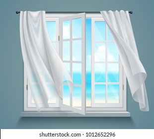 Open window with billowing white curtains and view on sea on blue grey background 3d vector illustration  
