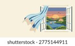 Open window with blowing curtain overlooking a calm lake landscape. Beautiful sunset view with hills, house, and sailboat. Peaceful summer atmosphere, home interior design concept.