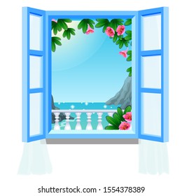Open window blue with pink flowers and views of the Bay and mountains isolated on a white background. Vector cartoon close-up illustration