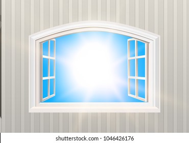 Open Window. Blue Sky and Sun Light View. Realistic 3D Style Wallpaper. Isolated White Double Casement Window. Wide Open Outdoors MockUp. Layered VectorTemplate.