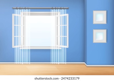 Ventana abierta y pared azul. Ilustración vectorial