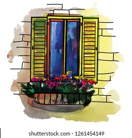 Open window with a box for flowers. Shuttered window, antique window. Flowers outside the window. Postcard, print.