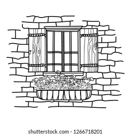 Open window with a box for flowers. Shuttered window, antique window. Flowers outside the window. Postcard, print.
