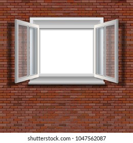 Open window in a brick wall, white isolated background inside.