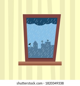 Open window cartoon, rainy cloudy day with clouds. Vector flat graphics.