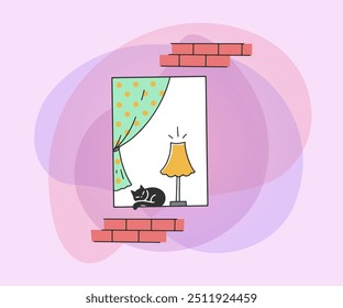 Open window with cat and lamp inside apartment. Exterior of building. Vector illustration for block of flats, condo, community, interior design concept