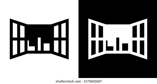 Open Window with Cityscape View. Glyph Icon in White and Black Version.