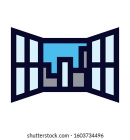 Open Window with Cityscape View. Simple Vector Color Icon.