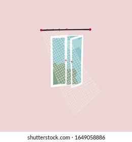 Open window curtain fresh air mood good weather blue clean sky spring illustration postcard. Summer season bright day inspiration graphic typography element. Hand drawn picture. Simple vector symbol.