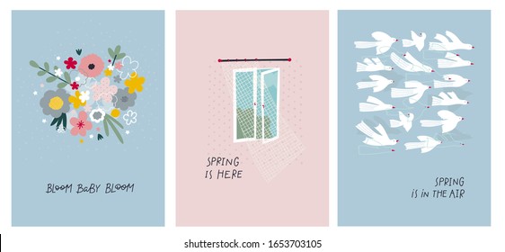 Open window curtain fresh air flying birds flowers good weather spring lettering illustration postcard set. Summer season day inspiration graphic typography. Hand drawn picture. Simple vector symbol.