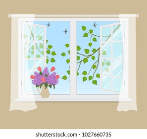 Open window with curtains on a beige background. Outside the window there are tree branches with green leaves. There is a bouquet of lilacs and tulips on the windowsill. Vector illustration